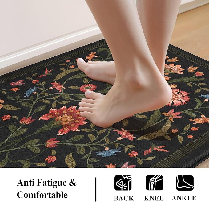 Collive Kitchen Mats for Floor 2PCS, Cushioned Anti Fatigue Mat Non Slip Waterproof Kitchens Sink Rug, Floral Comfort Padded Standing Mat for Laundry, Desk, Bar, Office, 17.3"x29"+17.3"x47", Black