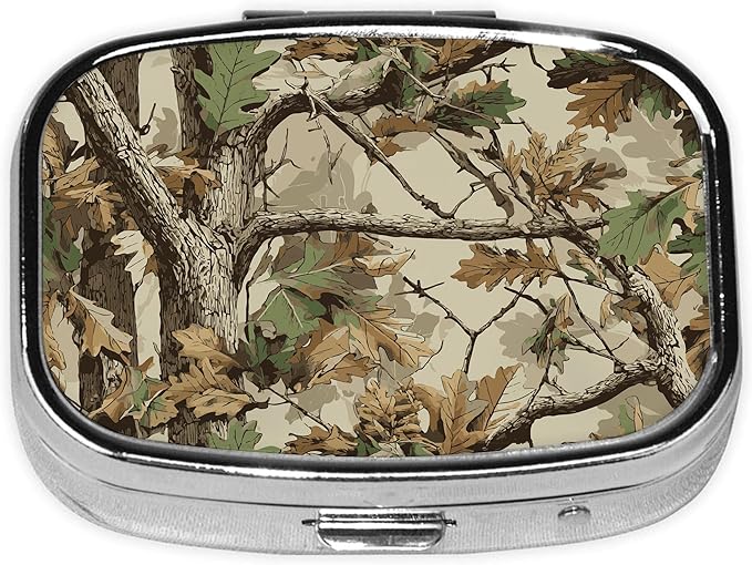 Pill Box-2 Compartment Small Pill Case Square Organizer Case with Mirror Portable Metal Medicine Box Travel Container for Pocket & Purse Women Men(Camo Forest)