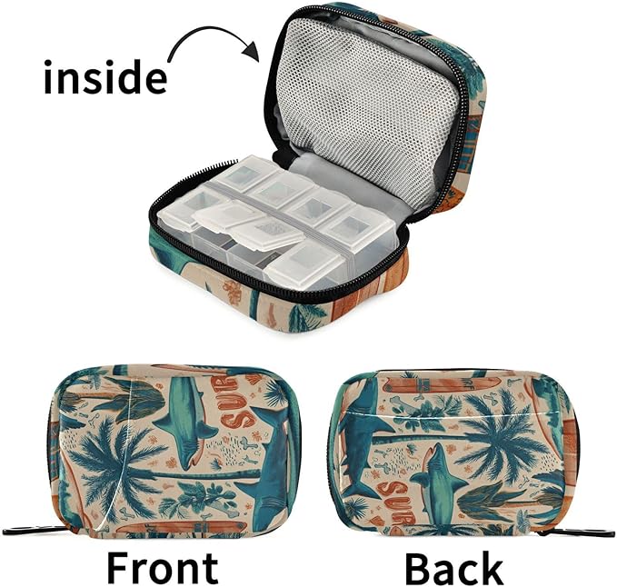 Vintage Beige Surfing Sharks Ans Palm Trees Travel Pill Organizer Case Box Container Weekly Portable Vitamin Medicine Holder Storage Bag with Zipper Removable