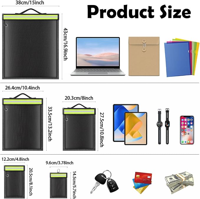 5 Pack Faraday Bags with Handle & Reflective Strip, Faraday cages for Laptops, Tablets, Phones, Car Keys, Anti-Tracking EMP Bag, Fireproof & Waterproof Signal Blocking Pouch