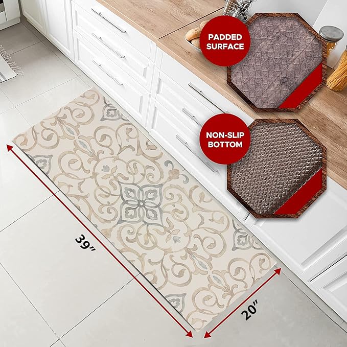J&V TEXTILES Oversized 20"x39" Anti-Fatigue Embossed Floor Mat (Rustic Medallion Cream