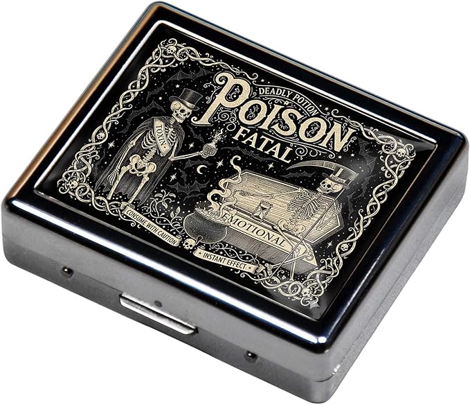 Pill Organizer Box with Mirror,8 Compartment Chrome Pill Case, Pocket-Size Travel Pill Container for Vitamins, Seniors, Daily Use,Rectangle 7 Days Pill Box Pill Case (Black Skull)