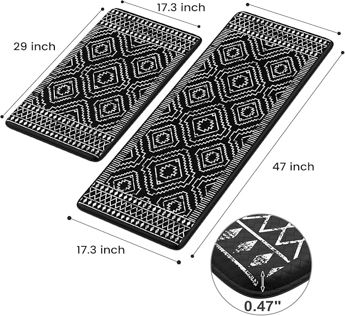 KIMODE Anti Fatigue Kitchen Mat,Black Boho Kitchen Rugs Non Slip Sets of 2,Kitchen mats for Floor Cushioned,Morocco Geometric Memory Foam Cushioned Standing Mats for Sink,Laundry,Office