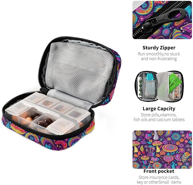 Travel Pill Organizer Bag Colorful Paisley Flowers 7 Day Pill Case Small Weekly Compact Pill Organizer with Zipper