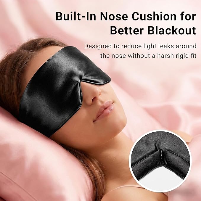 Silk Sleep Mask for Side Sleepers, Eye Mask for Sleeping Women Men, Face-Hugging Padded Eye Cover, 100% 22 Momme Pure Mulberry Silk, Soft Light Blocking Mask for Travel, Naps & Shift Workers (Black)