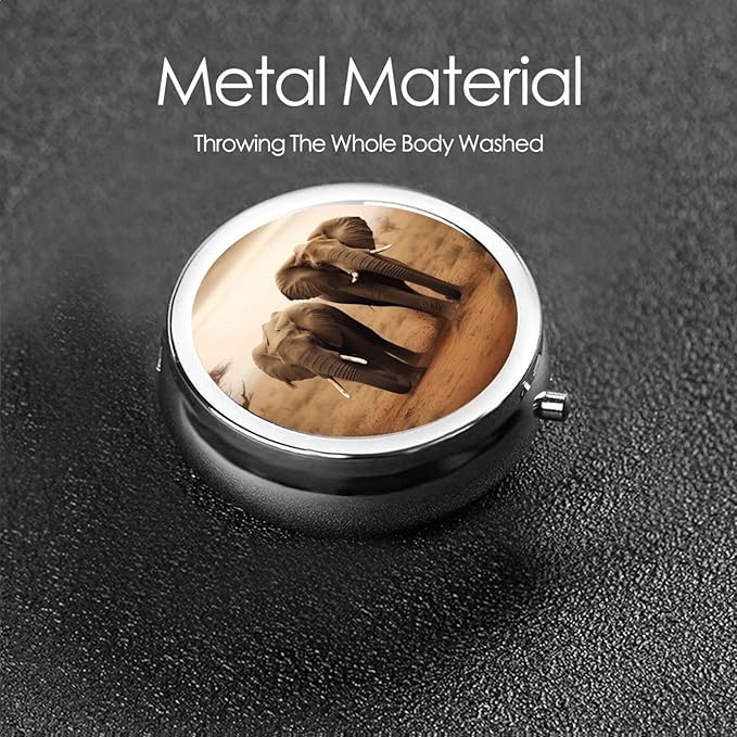 Wild Animals Elephants Print Pill Box 3 Compartment Round Pill Case with Mirror Metal Pill Organizer Travel Pillbox Mini Medicine Storage Box for Pocket Purse