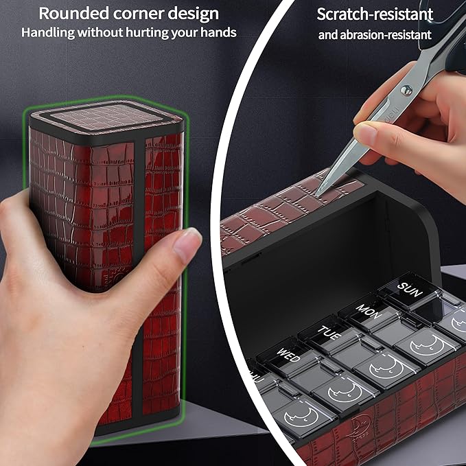 Pill Organizer 7 Day AM PM, Discreet 2 Times a Day Weekly Pill Box with Double Protection Shell, Large Capacity Portable Vitamin Case for Travel Meds & Medicine Organizer (Red)