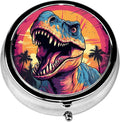 Pill Box, 3 Compartments Small Pill Case Travel Portable Metal Medicine Box with Mirror Mini Container for Purse Pocket Women Men（Cool Dinosaur）