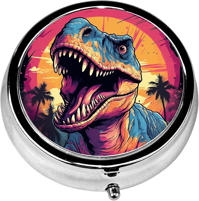 Pill Box, 3 Compartments Small Pill Case Travel Portable Metal Medicine Box with Mirror Mini Container for Purse Pocket Women Men（Cool Dinosaur）