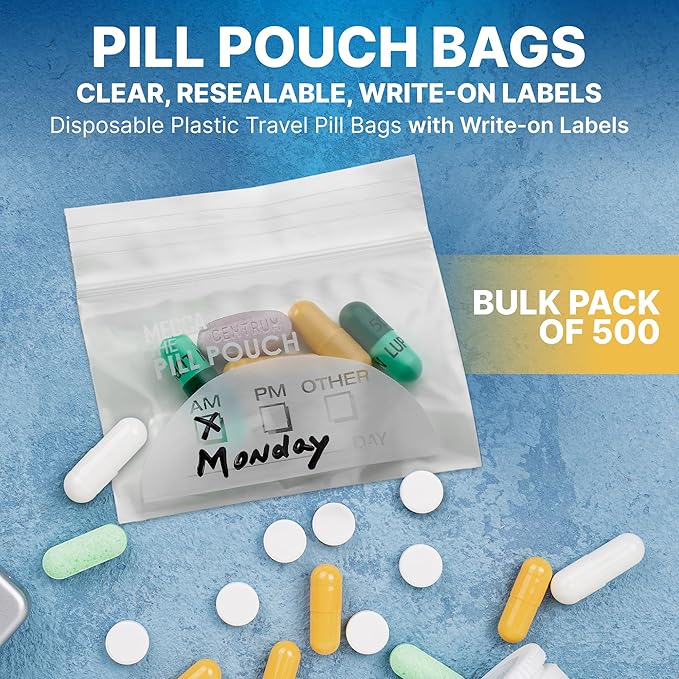 Pill Pouch Bags - (Pack of 500) 3" x 2.75" - BPA Free, Poly Bag Disposable Zipper Pills Baggies, Daily AM PM Travel Medicine Organizer Storage Pouches, Best Clear Reusable with Write-on Labels