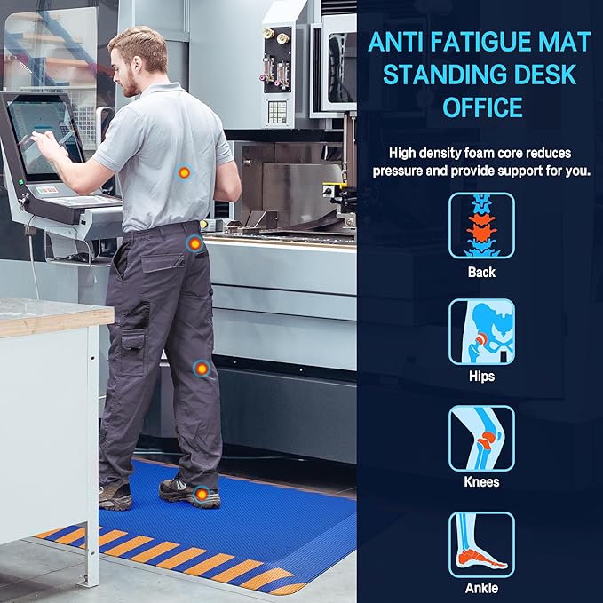 FEATOL Anti Fatigue Mat Industrial, Ergonomic Standing Floor Mat for Work for Stand -Safety Support for Leg & Back Pain(Blue with Yellow Border, 20" x 39", 1PC)