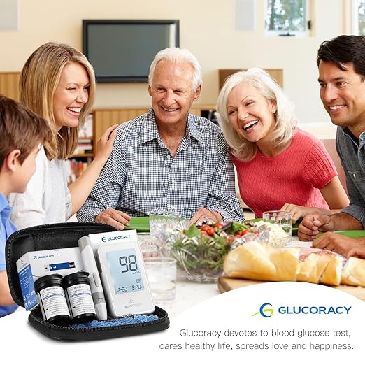 Glucoracy Blood Glucose Monitor Kit with 100 Blood Sugar Test Strips & Lancets, Glucometer, Lancing Device, Travel Case, Diabetic Home Testing Kit
