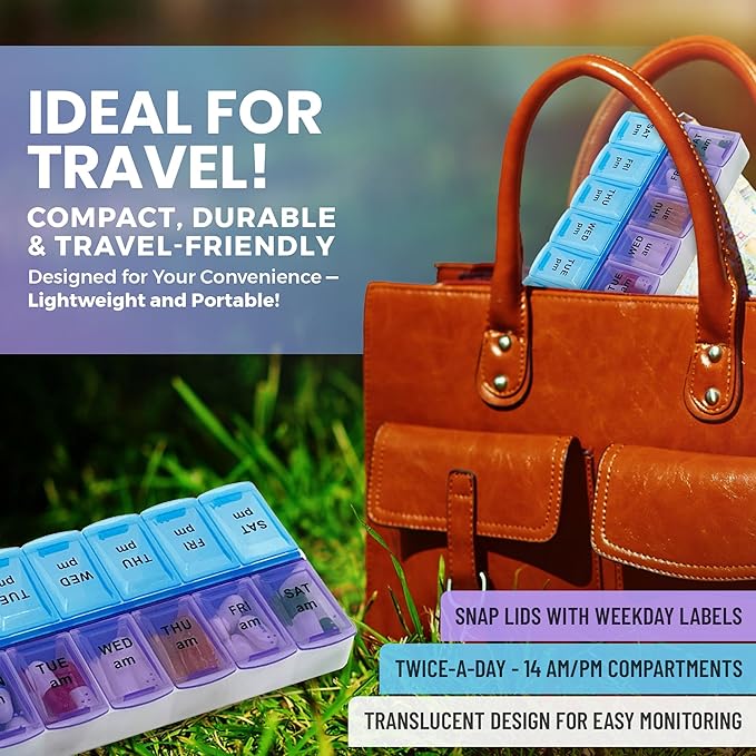 MEDca Pill Organizers - Small Pill Organizer with Weekly and Daily 2-Times-A-Day Compartments for AM/PM - BPA-Free, Portable and Travel Friendly Pill Boxes Case