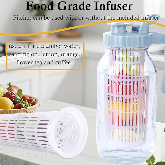 Half Gallon Glass Mason Jar Pitcher With Infuser Lid 2 Quart Mason Fruit Infused Water Pitcher 64 Oz Wide Mouth Sun Tea Jar For Outside For Fridge Lemonade, Beverage,Milk,Juice, Cold Brew Container