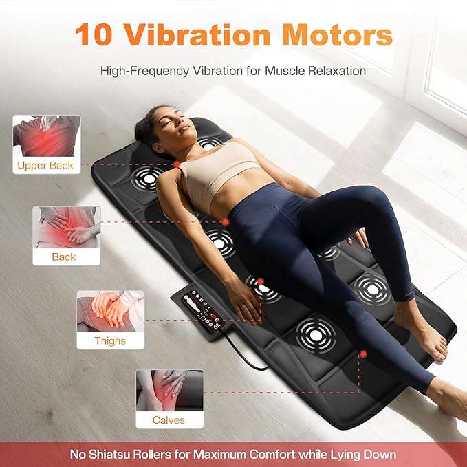 CILI Massage Mat Full Body,Massager Chair Pad,10 Vibration Motors & 5 Massage Modes,Back Massager for Bed,Massage Mattress Pad for Back,Heating Pad with Auto Shut Off