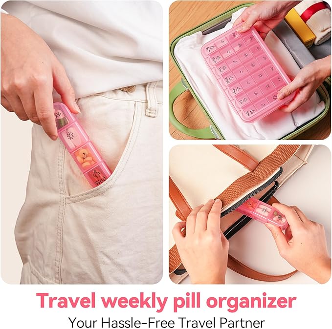Zoksi Pill Organizer 4 Times a Day, BPA Free Weekly Travel Pill Box，Daily Pill Case with 28 Compartments to Hold Medicine, Vitamin and Supplement(Pink)
