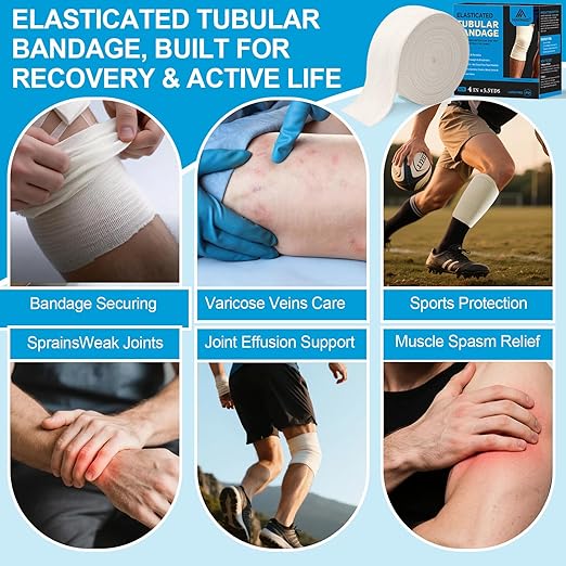 Latex-Free Elasticated Tubular Support Bandage with Stockinette Fabric, Breathable Tubular Compression Sleeve for Joint & Tissue Support on Arms, Knees, Legs (4" x 5.5 Yards) Size F
