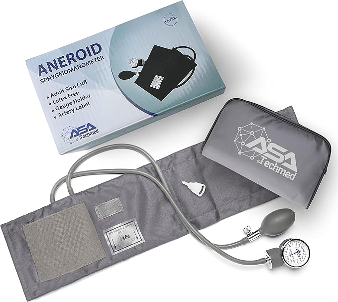 ASA TECHMED Manual Blood Pressure Monitor - Aneroid Sphygmomanometer for Nurses, Universal Standard Blood Pressure Cuff, Nurse Essentials with High-Molecular Velcro Nylon Arm Cuff (Light Grey)