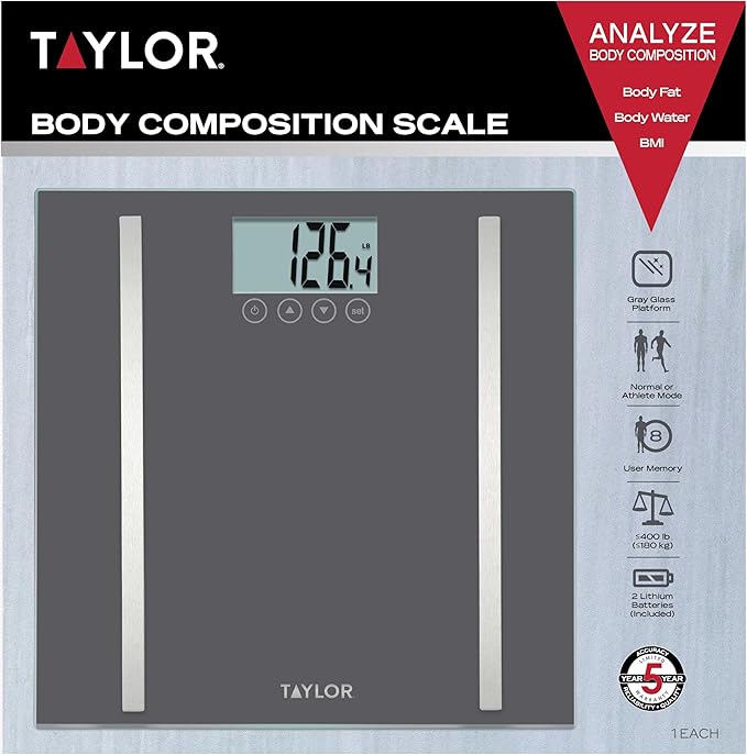 Taylor Digital Body Composition Scale, Bathroom Scale for Body Weight, Measures Body Fat, Body Water & Muscle Mass, 8 User Recognition, Normal & Athlete Modes, 400 lb Capacity, Black
