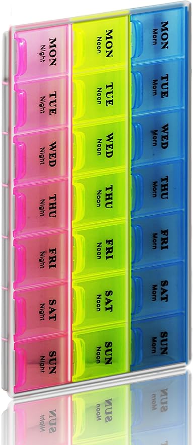 Inspirations 21 Compartments Pill Organizer Box, Medicine Remainder with Snap Lids, 7-Day AM/PM for Pills, Vitamins(6038, 21 Compartment)