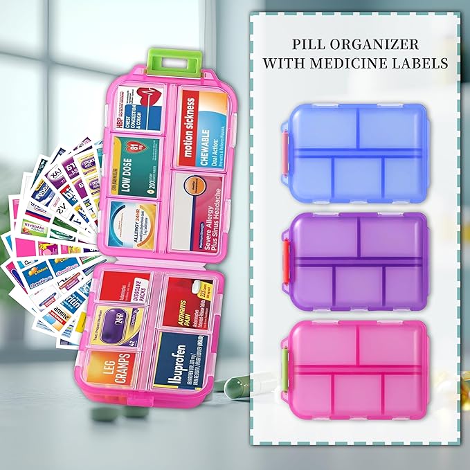 Pill Organizer with Medicine Labels, Travel Daily Pill Container, Mini Medication Organizer, 7-Day Pill Case, Set of 3 (Blue+Pink+Purple)