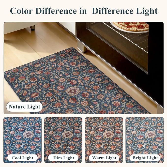 KIMODE Kitchen Mats for Floor Cushioned Anti Fatigue,Boho Vintage Kitchen Rugs Non Slip,Cushioned Memory Foam Kitchen Standing Floor Mat for Bathroom Sink Office Home Decor,Blue/Red 17.3"x28"