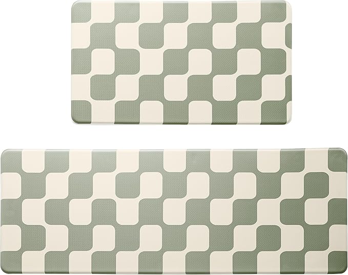 Sage Green Beige Retro Curvy Checkered Grid Checkerboard Kitchen Rug Sets [2 PCs], Anti-Fatigue, Waterproof Non-Slip Kitchen Mats Heavy Duty Comfort Foam Rug for Floor, Home, Laundry,17"x29"+17"x47"