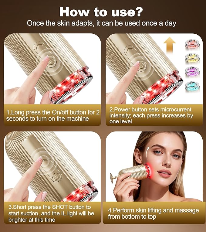 New Facial Massager Tool, Microcurrent Facial Device with Suction Shot, 4 Color Red Light Therapy, Face Massager Tool for Skin Care, Double Chin, Wrinkle Reduction and Firming, Portable Face Device