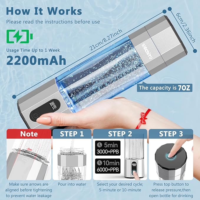 WochiTV Hydrogen Water Bottle Generator, 6400PPB High Concentration Portable Hydrogen Water Machine with SPE/PEM Tech & LED Display, 7oz Leak-Proof BPA-Free Bottle for Gym, Travel, Gifts SLIVER