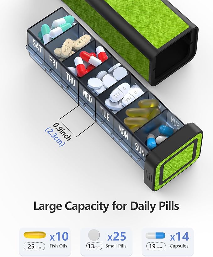 Weekly Pill Organizer 7 Day, Discreet Leather Pill Case for Purse or Pocket, Easy Slide-Out Daily Medication Planner, 1 Time a Day Travel Vitamin and Supplement Holder (Green)