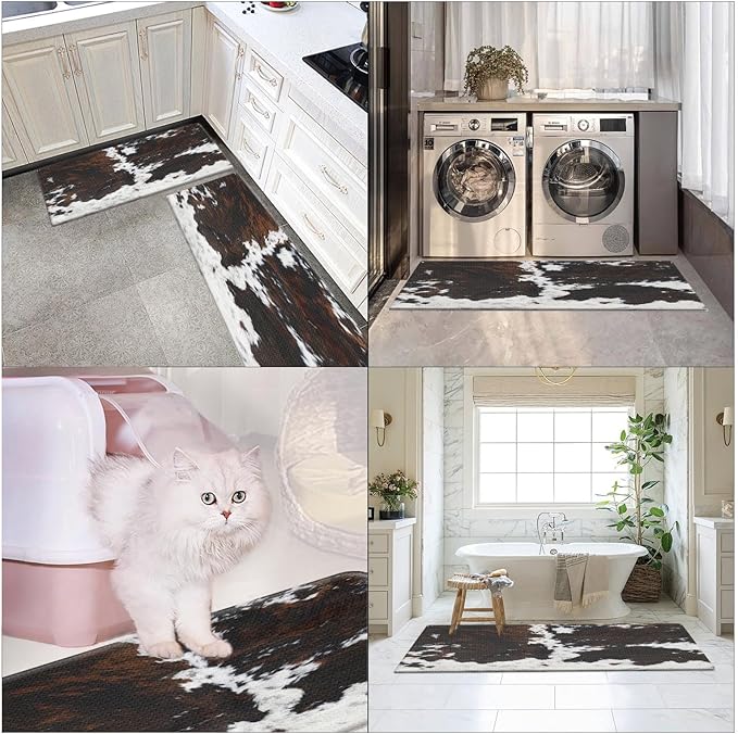 Arttown Brown Anti-Fatigue Kitchen Rug Set of 2 Cow Bull Farm Cushioned Floor Standing Mat Waterproof Non-Slip Mat and PVC Ergonomic Comfort Foam Rug