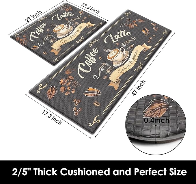 Arttown Coffee Latte Anti-Fatigue Kitchen Rug Set of 2 Brown Black Farmhouse Vintage Cushioned Floor Standing Mat Waterproof Non-Slip Kitchen Mat and PVC Ergonomic Comfort Foam Rug