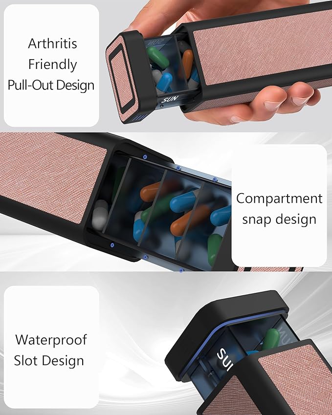 Weekly Pill Organizer 7 Day, Discreet Leather Pill Case for Purse or Pocket, Easy Slide-Out Daily Medication Planner, 1 Time a Day Travel Vitamin and Supplement Holder (Pink)
