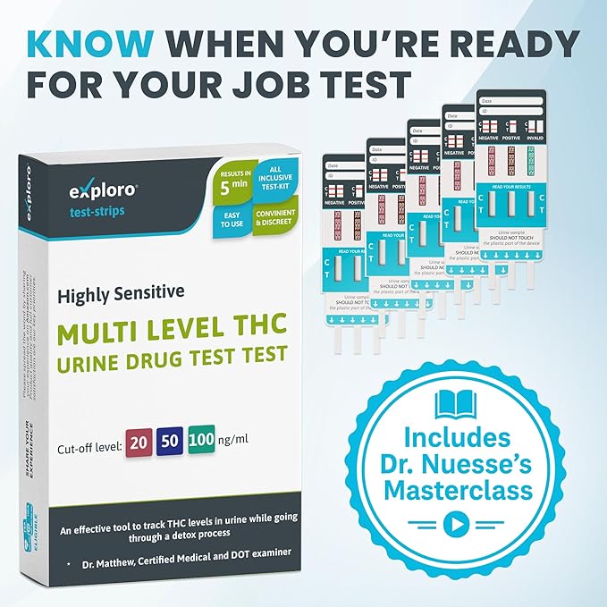 Exploro Multi Level THC Drug Test Kit – 3 Level Marijuana & Weed Test at Home (20, 50, 100 ng/ml) – Urine THC Test Strips for Detox Cleanse Monitoring, Pre-Employment & Personal Use (Pack of 5)