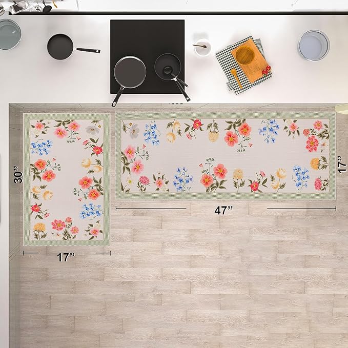 Pink Floral Kitchen Mats Set of 2, Boho Flower Kitchen Rugs Non-Slip Washable, Spring Home Decor Low-Profile Kitchen Mat for Floor Sink Laundry 17x30 and 17x47 Inch
