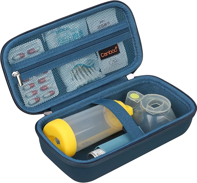 Canboc Carrying Case for Asthma Inhaler, Handheld Spacer for Adults and Kids, Masks, Hard Inhaler Box with Mesh Pocket fit Medicine and Other Essentials, Blue