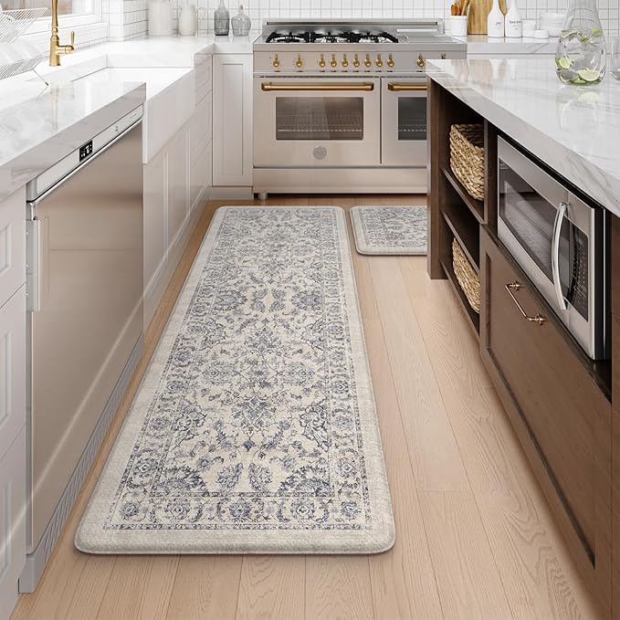 KIMODE Anti Fatigue Kitchen Mats, Floral Distressed Kitchen Rugs Sets of 2, Cushioned Non Skid Kitchen Mats for Floor, Comfort Kitchen Floor Mats for Sink, Laundry, Desk Blue Multi 17"x59"+17"x29"
