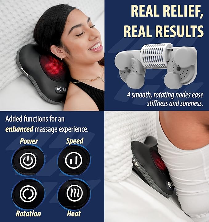 Zyllion Shiatsu Back and Neck Massager with Heat - Cordless Rechargeable 3D Electric Kneading Deep Tissue Massage Pillow with 2 Speeds for Muscle Pain Relief, Black, ZMA-34RB