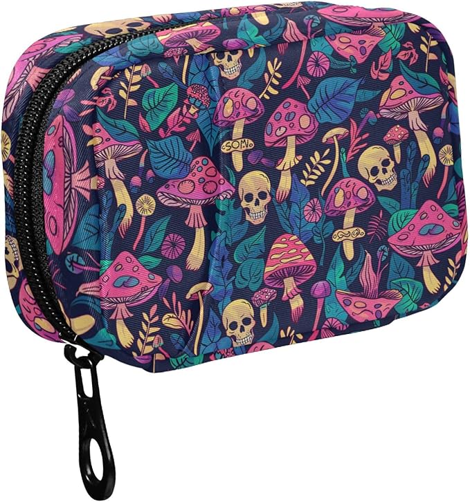 Fustylead Bright Psychedelic Mushrooms Plants and Skull Travel Pill Organizer Case Zipper for Purse with Removable Weekly Pill Box for Medicine, Vitamin, Supplement Medicine Organizer
