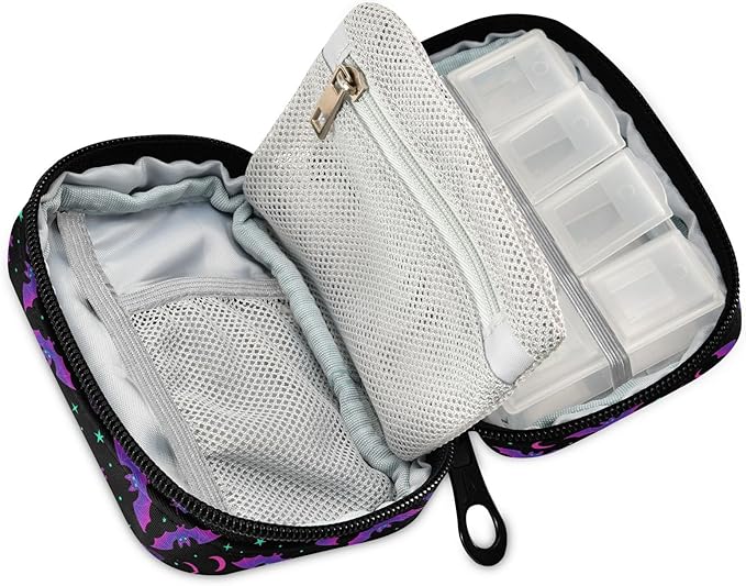 Travel Pill Organizer Bag Weekly Pill Organizer Case Goth Purple Bat Gothic Portable Small Daily Pill Boxes for Vitamin Fish Oils Supplement Holder with Zipper Compact Size