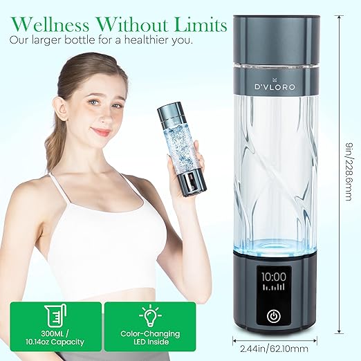 Wellness Frequency Hydrogen Bottle - Up to 4000+ PPB with UV Light Cleaning Technology and Wireless Charging Pad - Electric Water Bottle - Featuring 10 OZ Portable Capacity - SPE PEM Tech