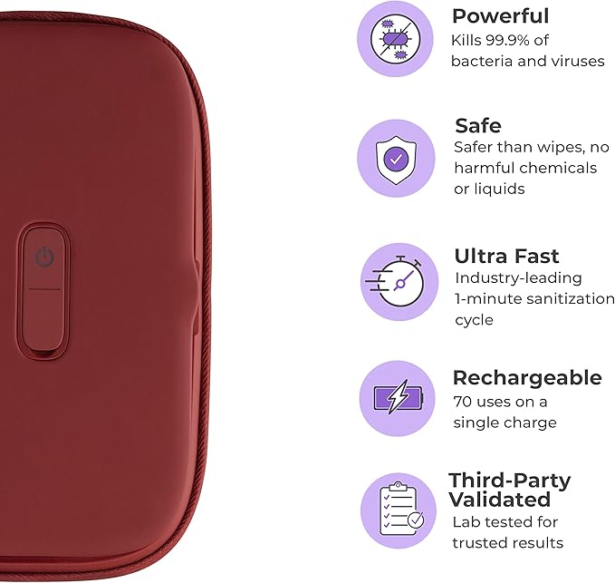Homedics UV Clean Phone Sanitizer, Portable Fast Germ Sterilizer & UVC Light Disinfectant for Cell Phone, Makeup Tools, Credit Cards, Keys, Glasses, Kills up to 99.9% of Bacteria & Viruses, Red