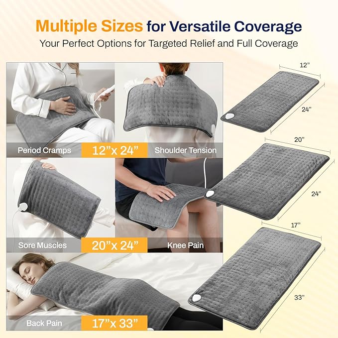 Super-Fast Heat Up Carbon Fiber Heating Pad: Back/Neck/Shoulder/Period Cramps Pain Relief, Muscle Relief, Deeper Relax, Moist/Dry Heat, Auto-Off, Machine Washable(Grey, 17" x 33")