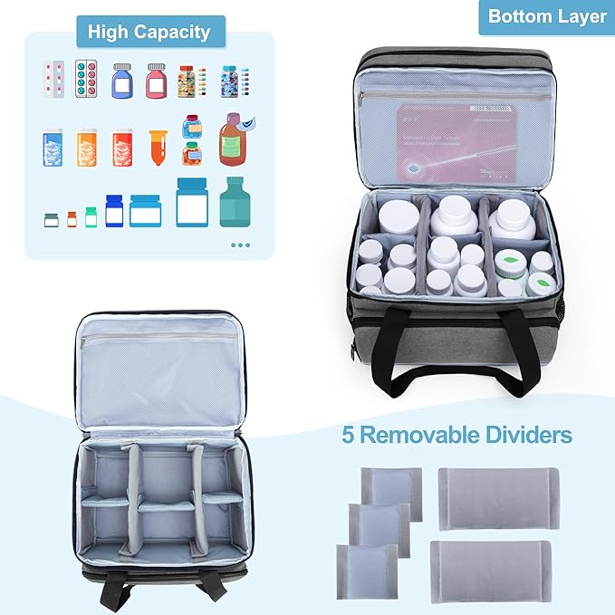 CURMIO Double Layers Pill Bottle Organizer Bag Empty, Medicine Organizer Storage Case with Lockable Zippers, Medication Travel Bag for Prescription Bottles, Medical Supplies, Gray (Patent Design)