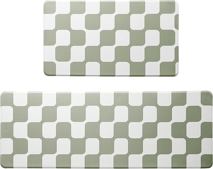 Sage Green Retro Curvy Checkered Grid Checkerboard Kitchen Rug Sets [2 PCs], Anti-Fatigue, Waterproof Non-Slip Kitchen Mats Heavy Duty Comfort Foam Rug for Floor, Home, Laundry,17"x29"+17"x47"