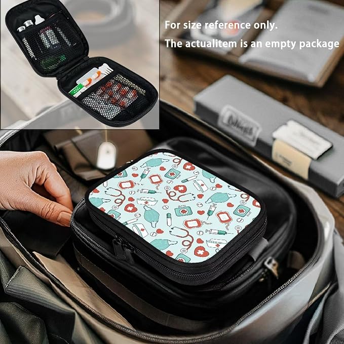 Medical Heart Print Travel Medicine Case Compact Travel Pill Organizer Box with Zipper Weekly Vitamin Storage Bag Mini Supplement Holder