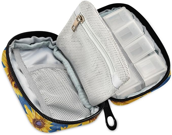 Travel Pill Case Yellow Sunflowers on Blue 7 Day Small Portable Pill Case Weekly Vitamin Storage Organizer with Zipper