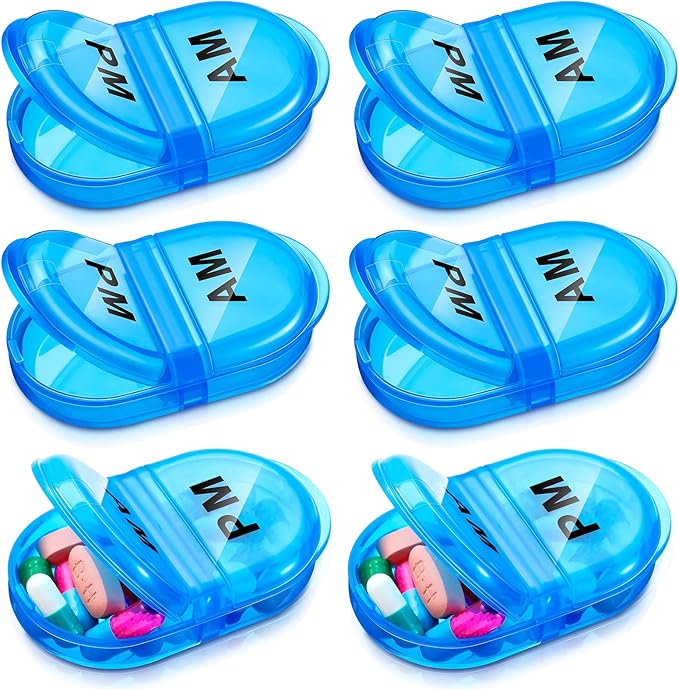 6 Pack Pill Organizer Pocket Small Case Holder Am Pm Pill Case Portable Two Compartment Round Travel 2 Times a Day for Vitamin Medication Supplement(Blue)