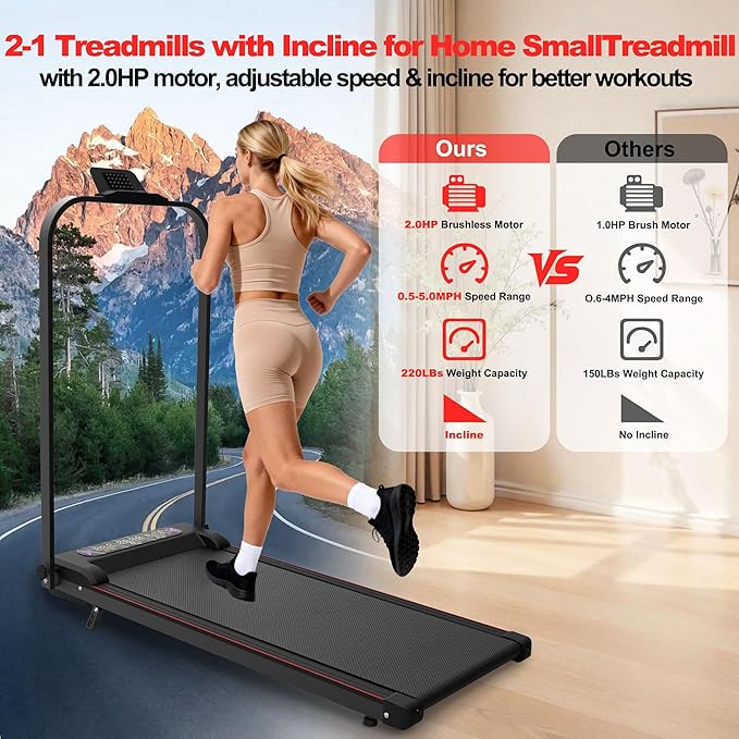 2 in 1 Foldable Walking Pad with Incline and Handle Bar, Compact Under Desk Treadmill with LED Display & Remote Control, Portable Treadmills for Home Office Small Spaces, 265 LBS Capacity