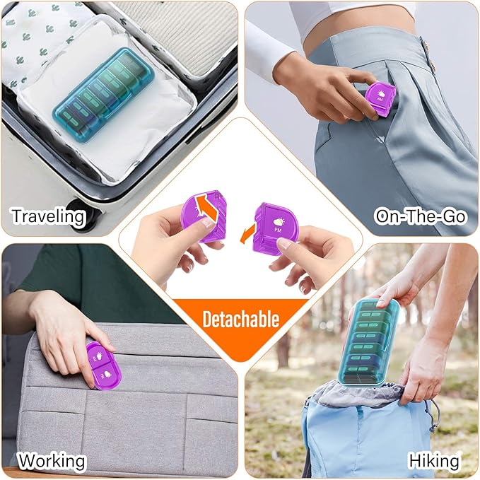 Weekly Pill Organizer 2 Times a Day, Moisture-Proof, Detachable Compartments, AM PM Pill Box 2X 7 Day, Travel Pill Organizer for Pills/Fish Oil/Medication/Vitamin/Supplements (Blue + Colorful)